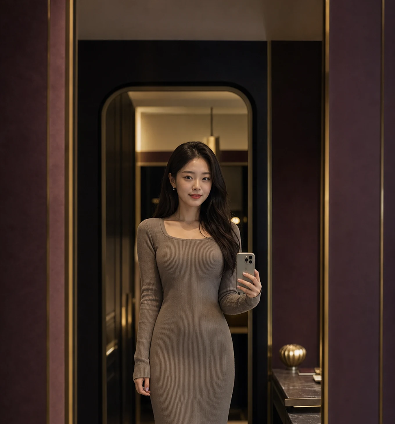 세련된 실내에서 거울 앞에 선 20대 한국인 여성